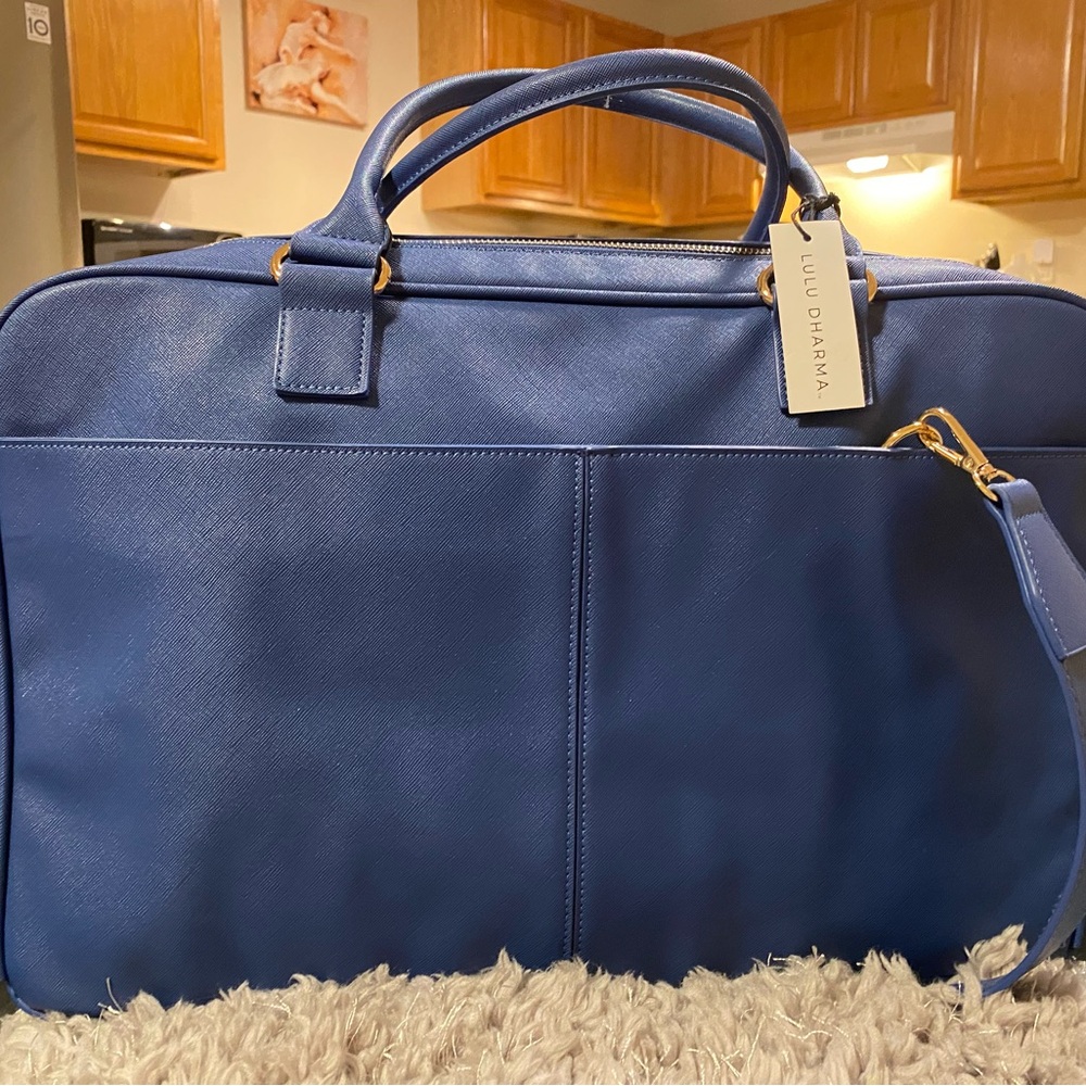 Navy Blue Briefcase with Structured Design and Gold Zipper